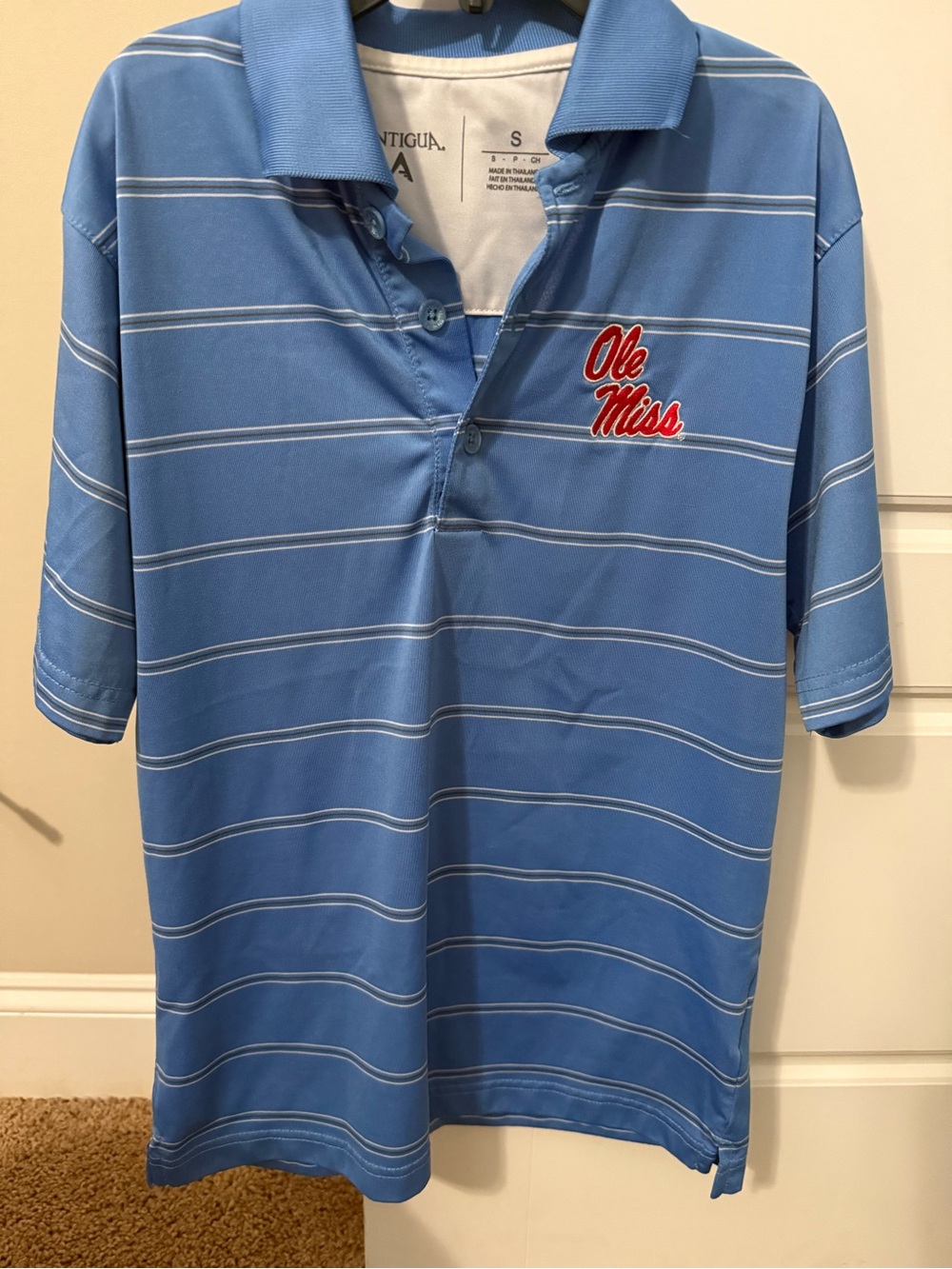 Antigua Light Blue Striped Ole Miss Polo